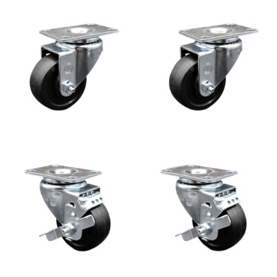 3 Inch SS Soft Rubber Wheel Swivel Top Plate Caster Set with 2 Brakes SCC