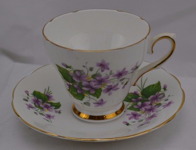 Royal Sutherland Footed Cup and Saucer Violets Thick Gold 