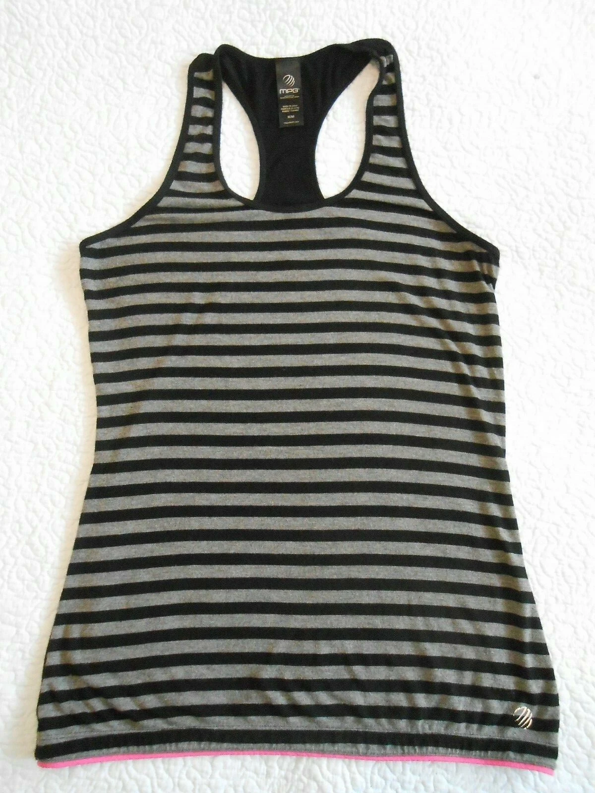 mpg racer back gray stripe back envelope pocket tank-top