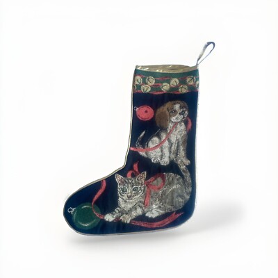 Vintage Needle Point Tapestry Christmas Stocking Beagle Green Eye Tabby Cat