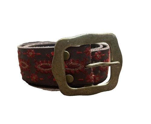 NWT Lucky Brand Cognac Floral Embossed Belt LUCKY BRAND Brown Leather Belt Embroidered Floral Boho Brass  main image 2