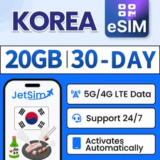 Korea eSIM - 20GB High-Speed, 30 Day JetSim/Travel SIM