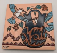 Hummingbirds and Wedding Vase Earthtones Southwest Ceramic  Art Tile/Trivet 1995