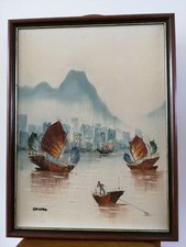 Sampans in Hong Kong Harbour 49cm x 65cm Vintage Oriental Original Oil Painting