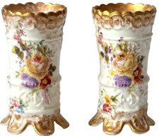 Fine Antique Porcelain Pair Small Vases With Heraldic Symbols British 19 Ct.