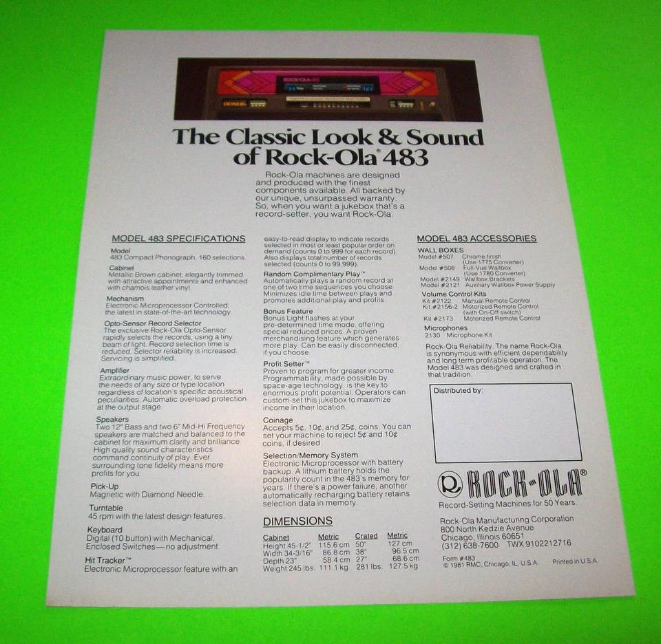 Rock-Ola 483 Jukebox FLYER Original Phonograph Music Promo Art Print Sheet 1981  - Image 2 of 2