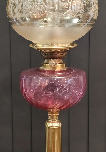 Antique Oil Lamp Duplex Burner Acid Etched Glass Shade With Glass Font - Picture 2 of 19
