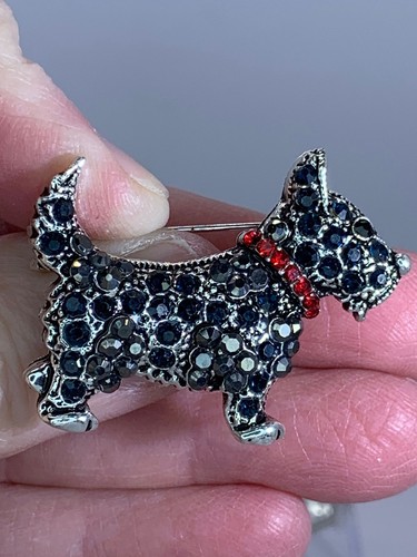 Spilla Dog Terrier Nero Strass Vintage Argento Spilla M-3705 - Foto 1 di 3