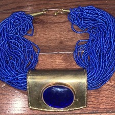 Tribal Boho Necklace Blue Seed Beads Brass Pendant Artisan Ethnic Jewelry