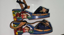 Vtg Hand Carved Shoes 1940 Philippines Velvet Embroidered 8" Long