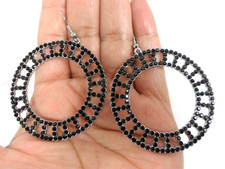 Vintage Hoop Earrings Large Black Rhinestone Dangle Hoops Wheels Tires Mod Era
