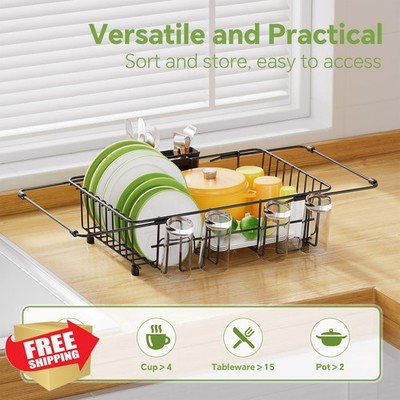 Simple Trending Expandable Dish Drying Rack Over Sink Utensil Holder Black