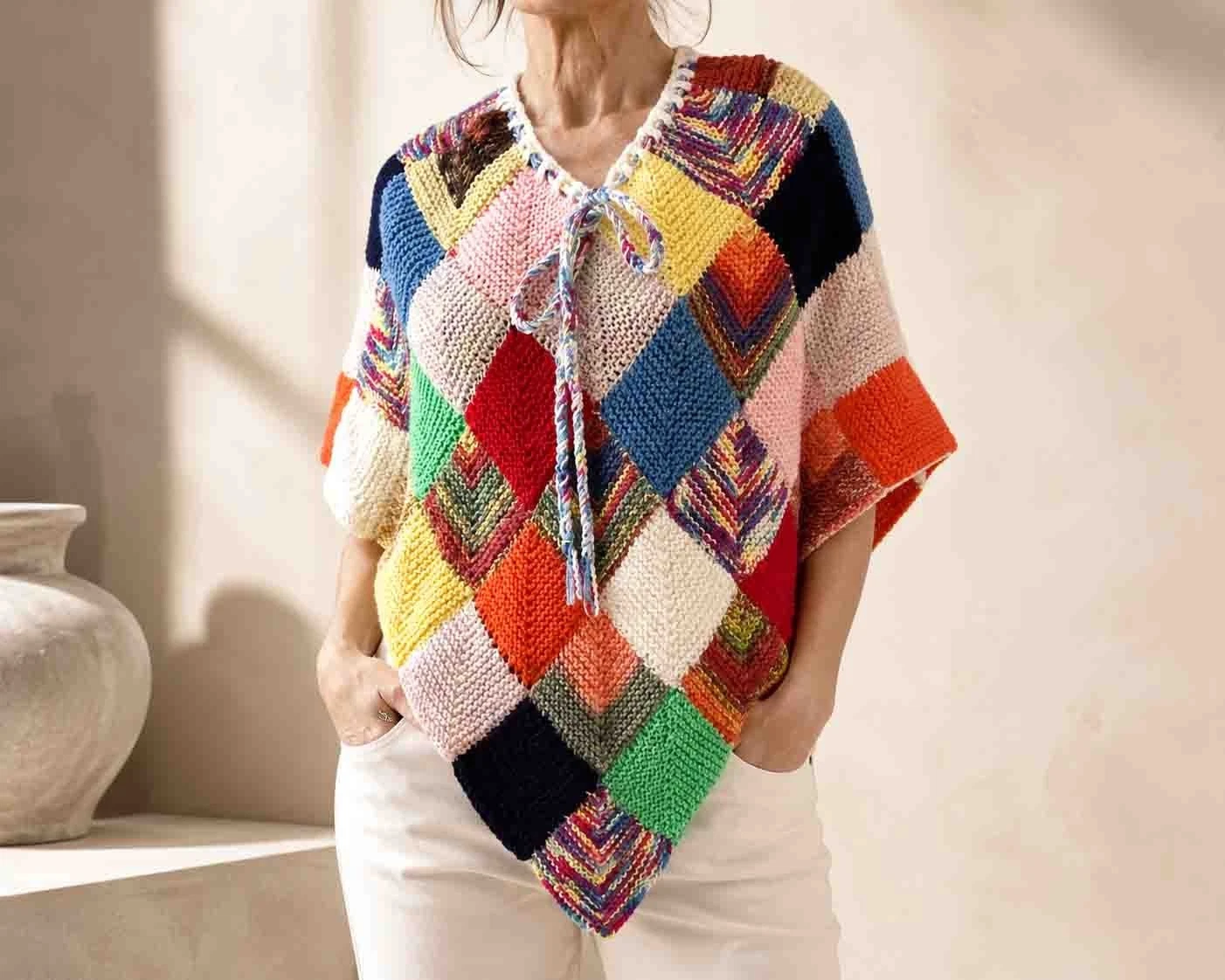 Vintage Handmade Acrylic Knit Patchwork Poncho Small