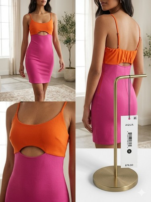 #ad AQUA Colorblock Cut Out Bodycon Mini Dress Orange Pink Sleeveless Size S $45.00