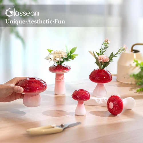 Glasseam Mushroom Vase Small for Decor: Cute Glass Colored Vases 5, Red - Picture 3 of 7
