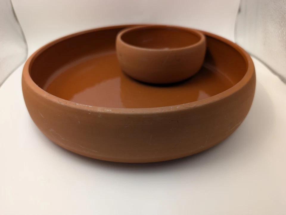 Vintage BORTNER & BORTNER TerraCotta Glazed Round Chip & Dip Serving Tray Bowl - Image 3 of 4
