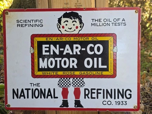 VINTAGE EN-AR-CO NATIONAL MOTOR OIL 16”X 12" PORCELAIN SIGN GREAT CONDITION