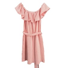 Michael Michael Kors Off Shoulder Dress XS Pink White Stripe Ruffle Belted New