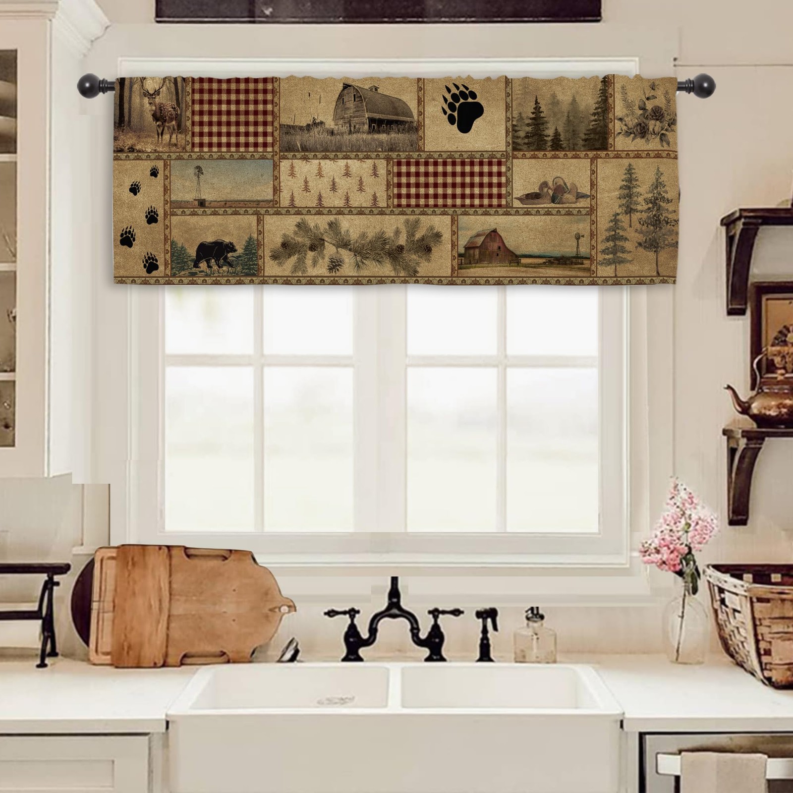 Vintage Rustic Bear Kitchen Curtain Valance 54W x 18H Rod Pocket Farmhouse Cabin Decor-image