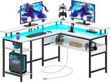 Computer Desk L Shaped 56.7" with LED Lights and Power Outlets, Reversible L Sha