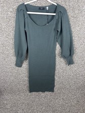 Tahari Ribbed Knit Midi Dress Puff Sleeve Square Neck Green Highland Alpine Med
