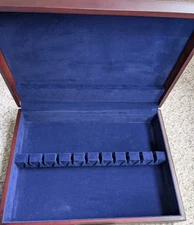 RED WOODGRAIN  Flatware STORAGE BOX  Blue Interior 14-5/8" x 10-3/4" x  3-1/4"
