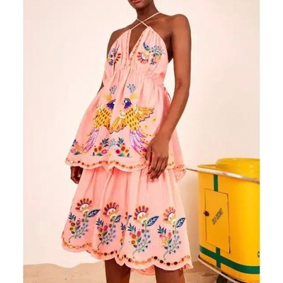 FARM Rio Embroidered Richelieu Crossed Front Midi Dress Pink SZ XS | eBay