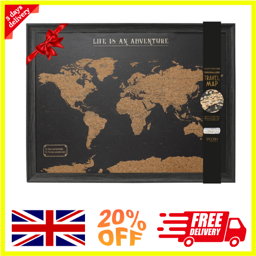Splosh Travel Map - World Map Pin Board in Black, Wooden Frame. World Map Cork 2 - Picture 1 of 8