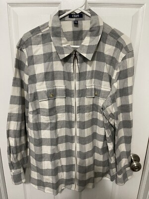 Chaps Denim Zip Up Plaid Flannel Men's XXL White/Gray Outdoor Cold-Weather Layer