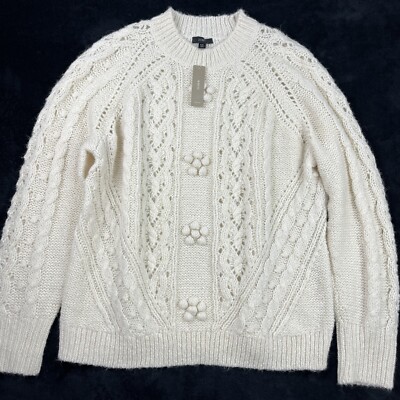 Crew Cable-Knit Pointelle Sweater Popcorn Flowers Women's