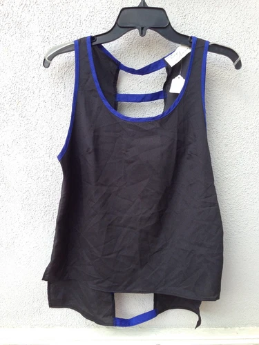 $55 NWT Vintage Havana Brand Solid Black With Blue Trim Sleeveless Blouse 