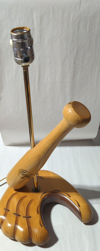 VINTAGE WOOD BASEBALL GLOVE & BAT DESK TABLE LAMP LIGHT w/ LEATHER LACES 17"