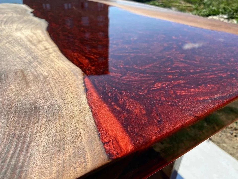 Custom Order Walnut Wood & Red Metallic Epoxy Table – Handmade Live Edge Table - Image 3 of 4