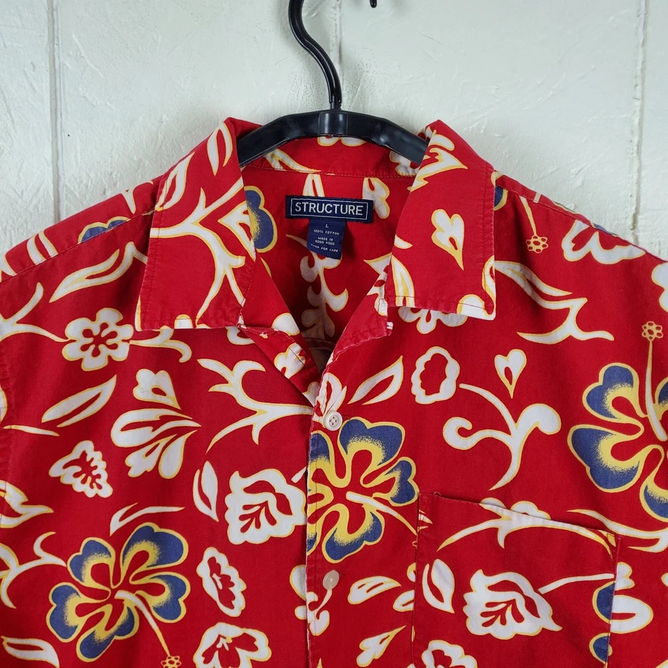 Camisa Hawaiana Estructura Vintage Para Hombre Grande Roja Cuello Abotonado Manga Corta Foto 2 de 4