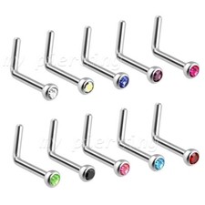 2pcs. L-Bend 2mm Press Fit Gem Top Surgical Steel Nose Ring Stud 22g 20g 18g