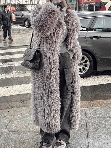 American Style Lapel Collar Super Long Coat Womens Faux Tibet Sheep Fur Overcoat - Picture 2 of 8