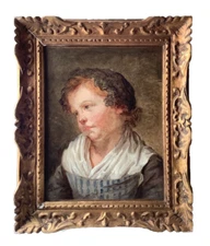 18th Century GREUZE - French Antique Oil on Canvas - Portrait of Girl with Hat