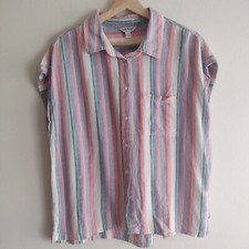 Orvis Womens Striped Button-Up Shirt M Pink Blue White Breathable Relaxed Top