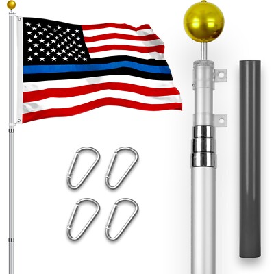 Combo: 16Ft Telescoping Flagpole SV & Blue Lives Matter Flag 3x5Ft Emb Spun Poly