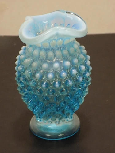 Fenton Aqua Blue Opalescent Hobnail Glass 4" Vase w/ 3 Corner Rim  ***