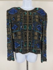 SCALA Vintage Colorful Sequin  Beaded On Silk Crop Jacket Sz L-Petite