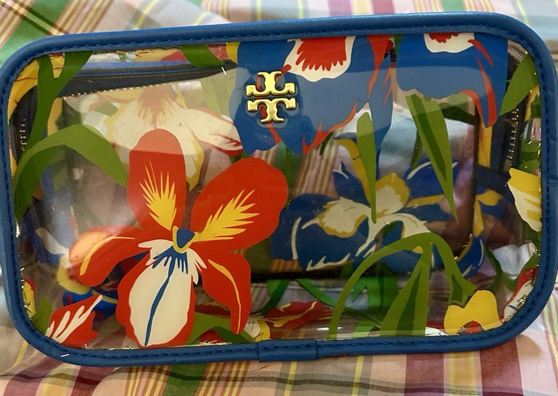 Tory Burch Clear Plastic Multicolor Flower Zipper Closure Cosmetic Pouch