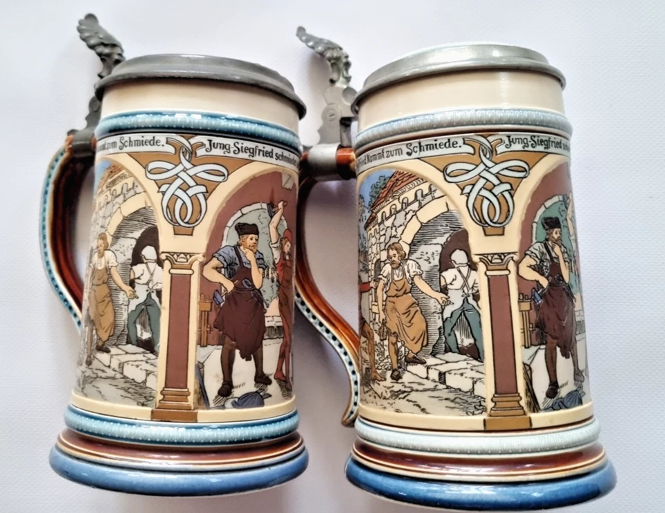 V&B Krug Mettlach Alt Nr.2394 Scene Jung Siegfried 2 Krüge - Bild 3 von 4