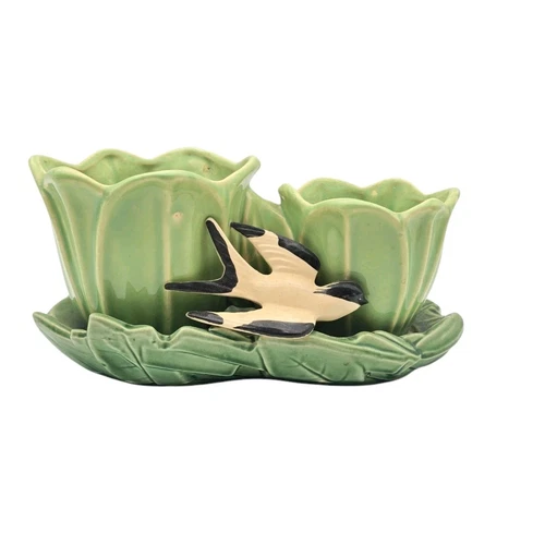 Vintage 1949 McCoy USA Pottery Double Green Tulip Planter With Bird MCM