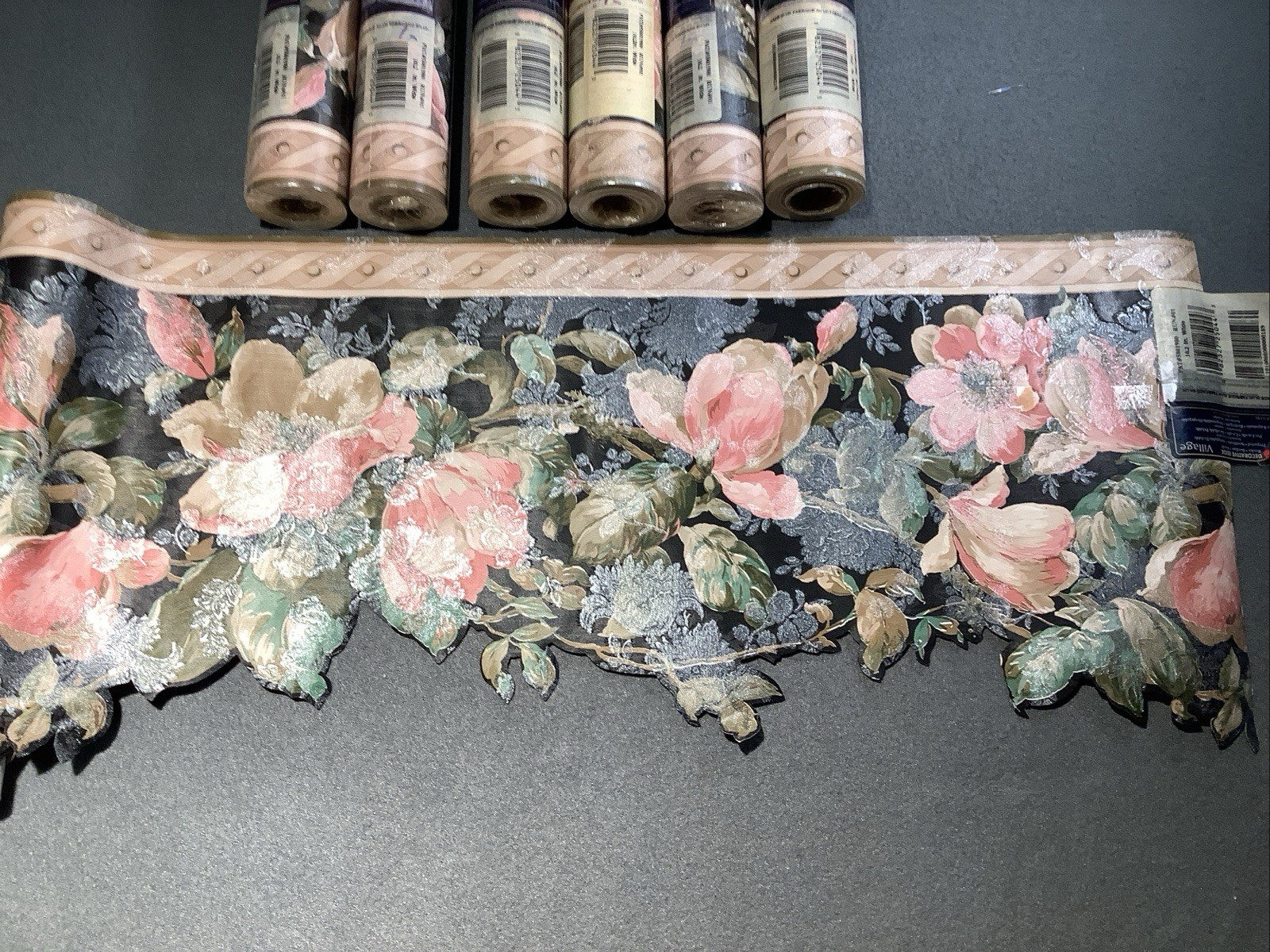 Victorian scalloped silk silver pink floral black wallpaper border 10. 2”~15’