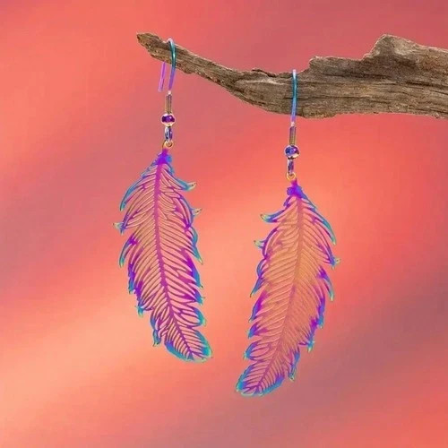 Bohemian Copper Feather Earrings Colorful Hollow Long Drop Purple Hook Jewelry