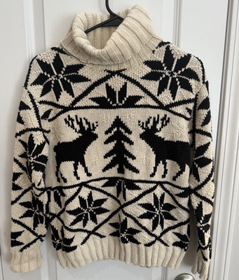 Vtg Rare Ralph Lauren Fair Isle Moose Tree Wool Blend Turtleneck Sweater Sz PP