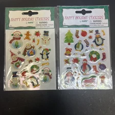 Christmas Puffy Stickers Happy Holiday 2 Designs Snowman Penguin Tree Ganz VTG