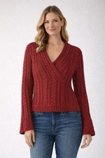 Ralph Lauren Red Cable Knit Sweater Size L Chunky V Neck Fisherman Cotton