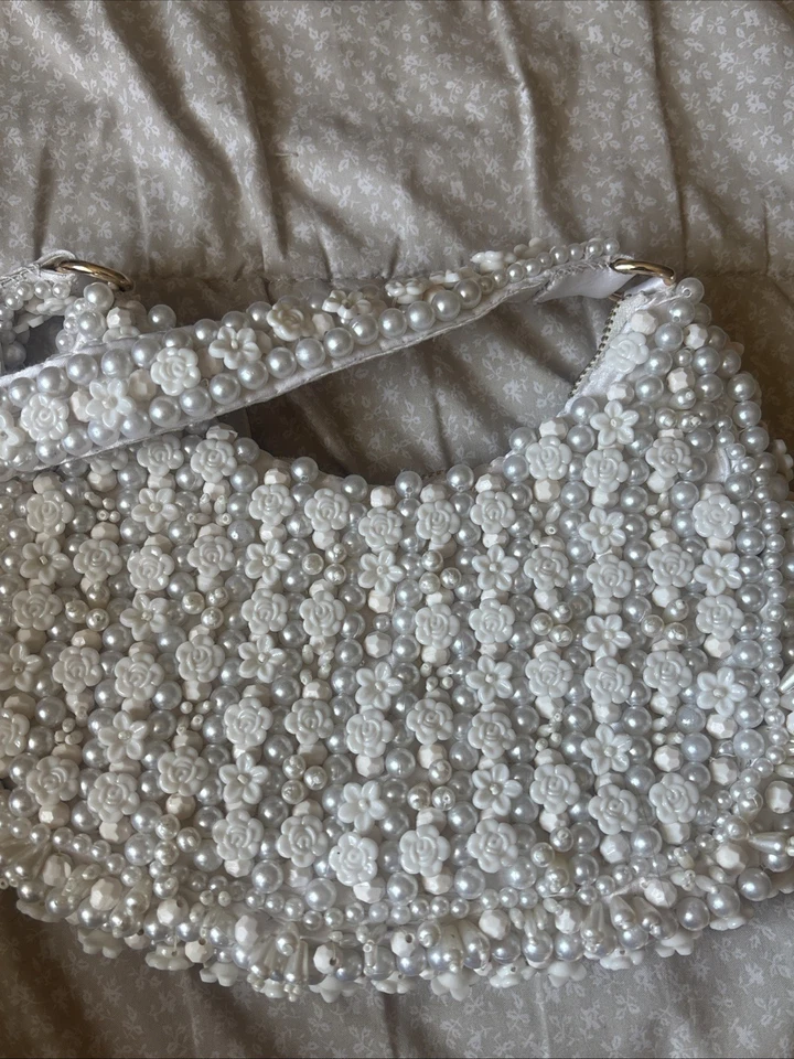 Bolso de Hombro Blanco Perla Flor Cuentas Hecho en India Foto 4 de 4